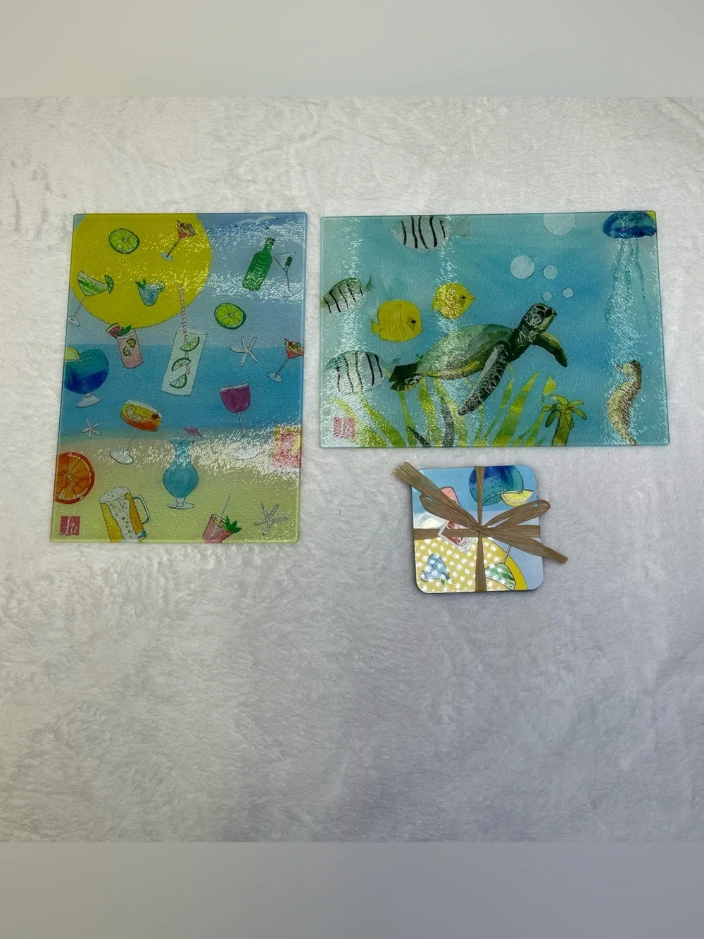 Liz Lind Tempered Glass Cutting Board Set & Matching Coasters Coastal Sea Turtle